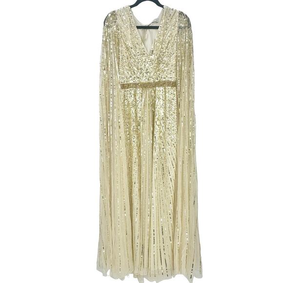 Mac Duggal Sequined V-Neck Gown Maxi Dress Cape Sleeves Nude Size 14W NWT - Picture 10 of 11